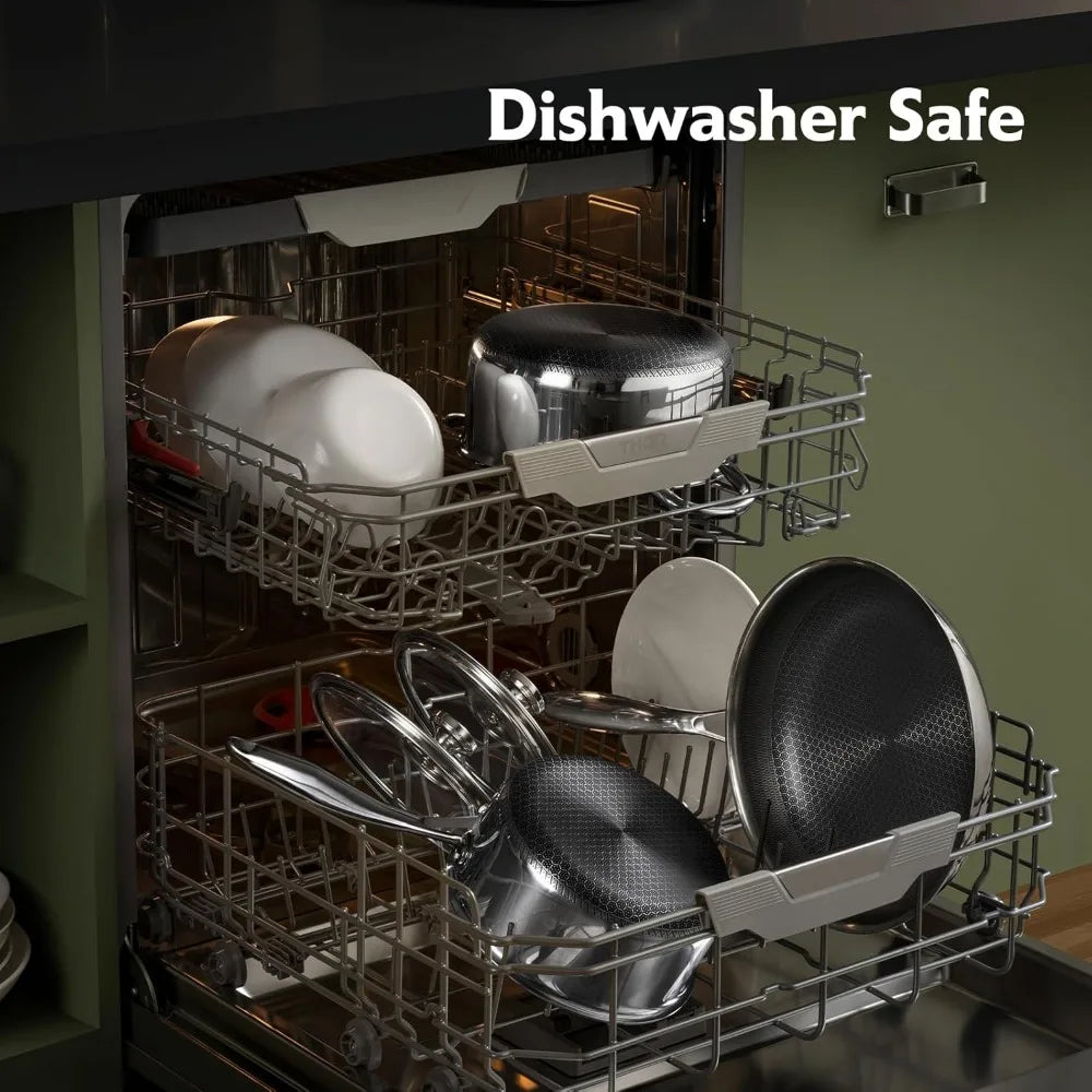 10 Pcs Non Stick Pots and Pans Set with Lids, Hybrid Stainless Steel Cookware Set, Skillet,Stock Pot,Frying Pan,Kitchen Cooking