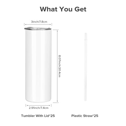 Sublimation Tumblers Blanks 20 oz 25 Pack Skinny Straight Tumblers