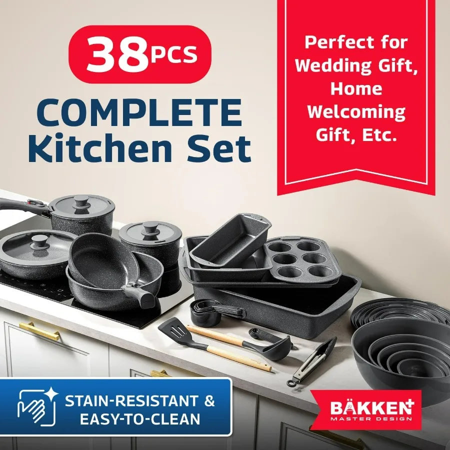 38 Piece Granite Cookware & Bakeware Set – Nonstick Granite Coating, Pots and Pans with Detachable Handle and Tempered Glass Lid