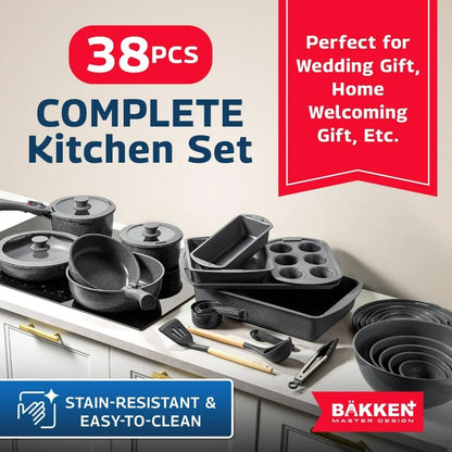 38 Piece Granite Cookware & Bakeware Set – Nonstick Granite Coating, Pots and Pans with Detachable Handle and Tempered Glass Lid