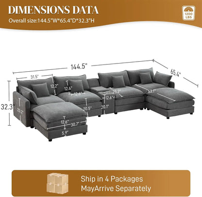 145" Cloud Couch Oversized U Shaped Grey Sectional